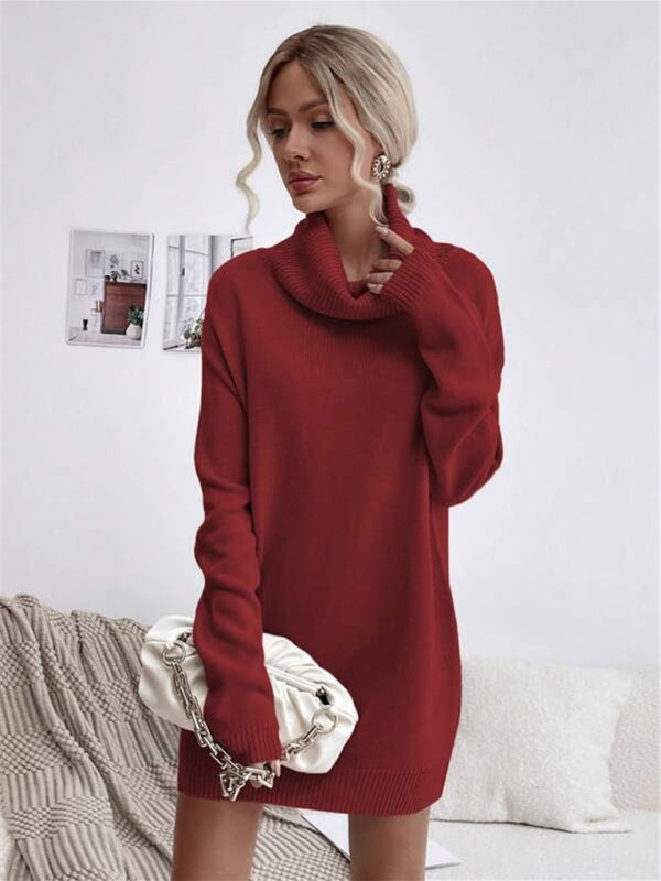 Neues einfarbiges, lockeres Strickpulloverkleid mit Rollkragen für Damen