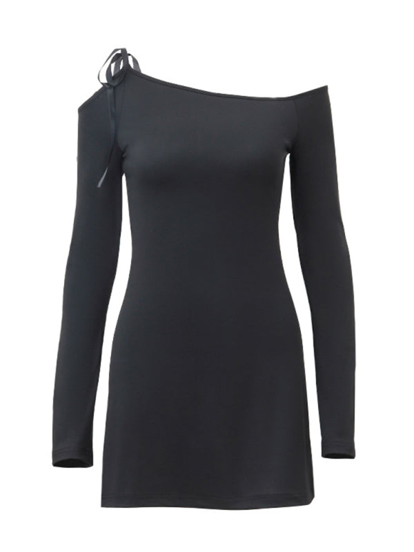 Neues sexy Damenkleid mit schräger Schulter und Schnürung, elegantes Langarmkleid