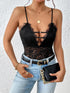 Sexy black lace mesh jumpsuit with suspenders, front view