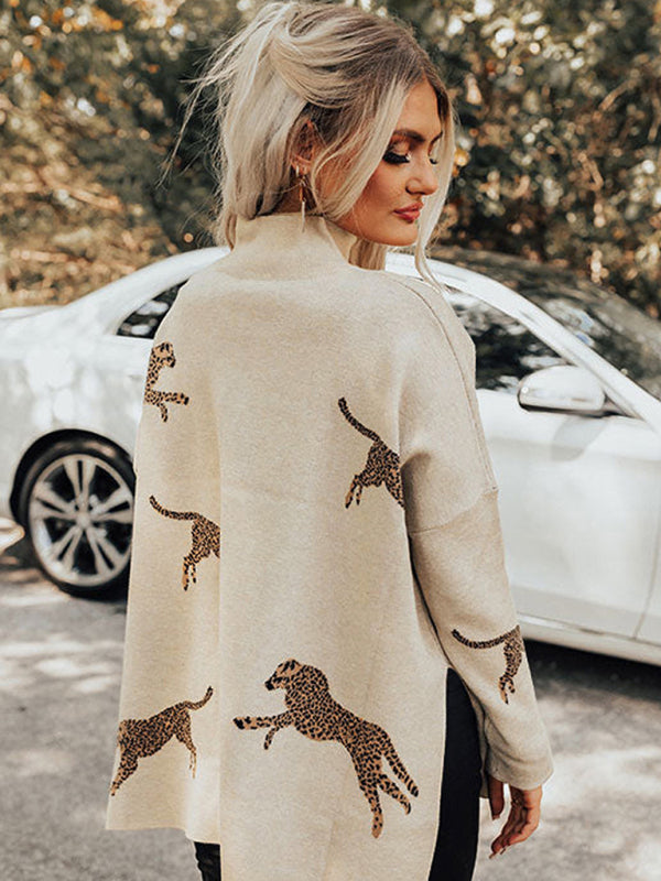 Leopard print hem slit turtleneck sweater, back view
