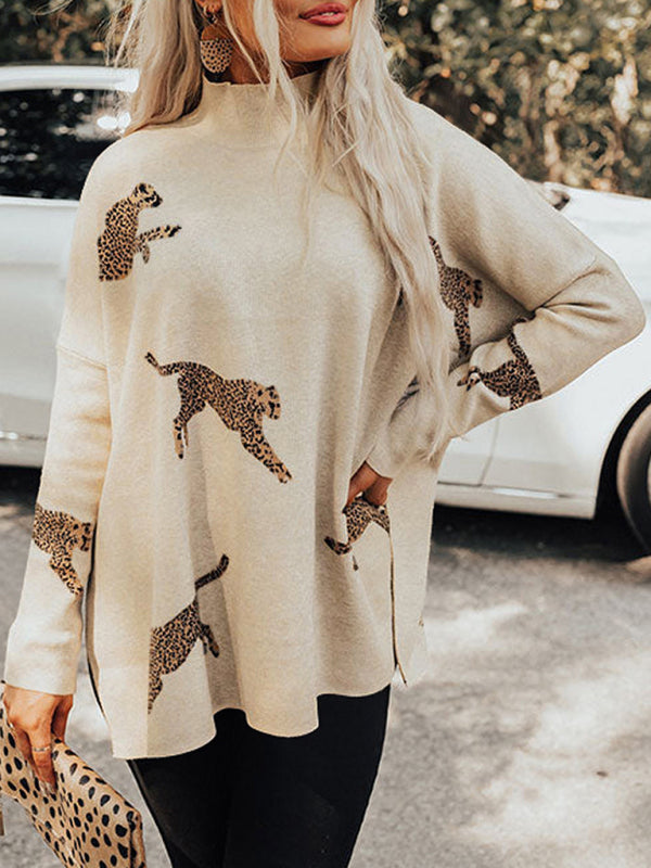 Leopard print hem slit turtleneck sweater, close-up front