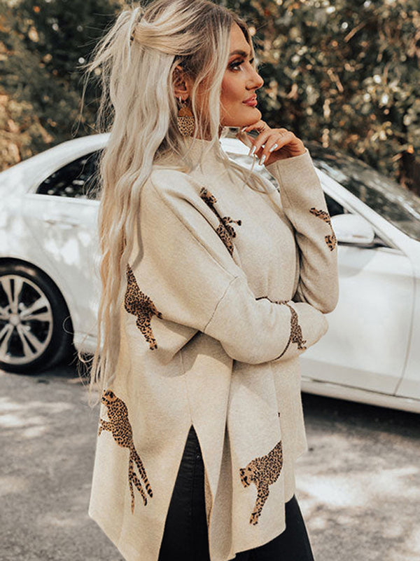 Leopard print hem slit turtleneck sweater, side view