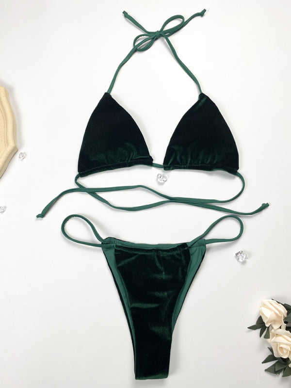 Maillot de bain bikini femme velours doré couleur unie