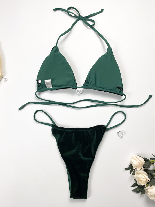 Maillot de bain bikini femme velours doré couleur unie