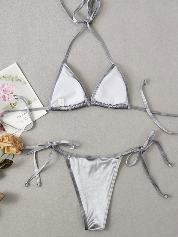 Bikini à bretelles sexy et élégant en velours doré pour femme