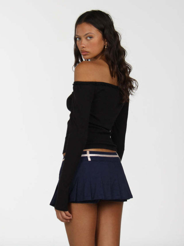 Black off-shoulder lace bow T-shirt with mini skirt