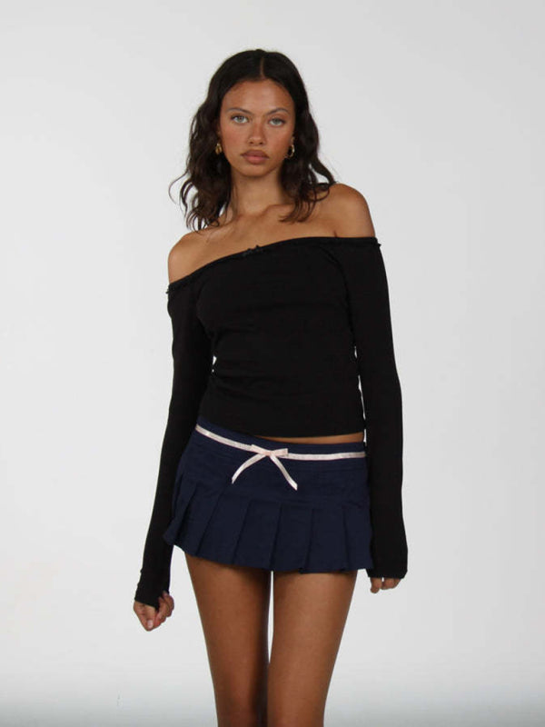 Front view black off-shoulder lace bow T-shirt