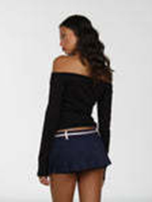 Black off-shoulder lace bow long-sleeved T-shirt back view