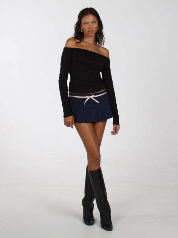 Full view black off-shoulder lace bow T-shirt and skirt