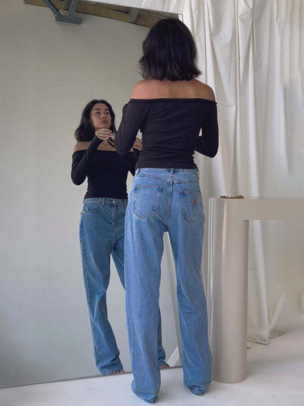 Mirror reflection black off-shoulder lace bow T-shirt