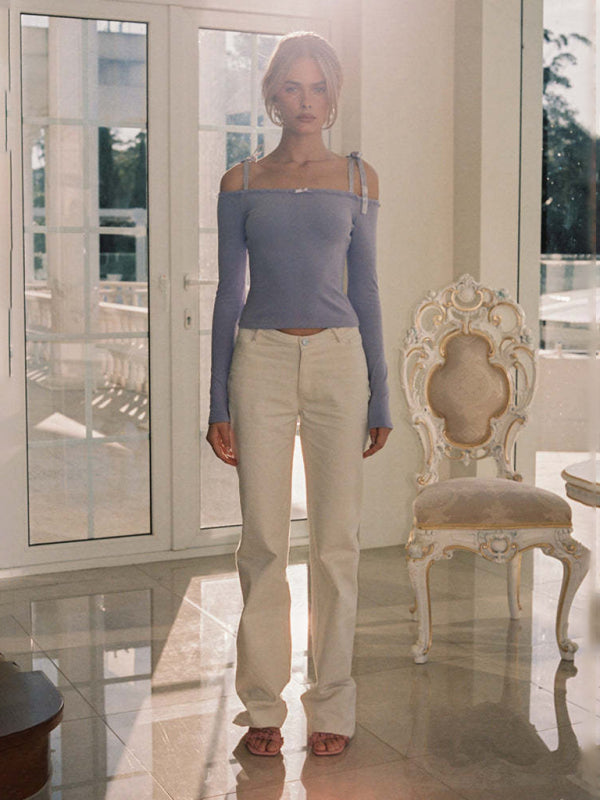 Full view lavender off-shoulder lace bow T-shirt