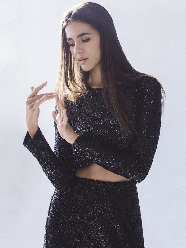 Neuer Damen-Langarm-Top-Langrock-Paillettenanzug