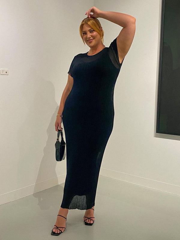 Neues, durchsichtiges, lässiges, tailliertes Damen-Strickkleid mit rundem Ausschnitt und großen Grubenstreifen