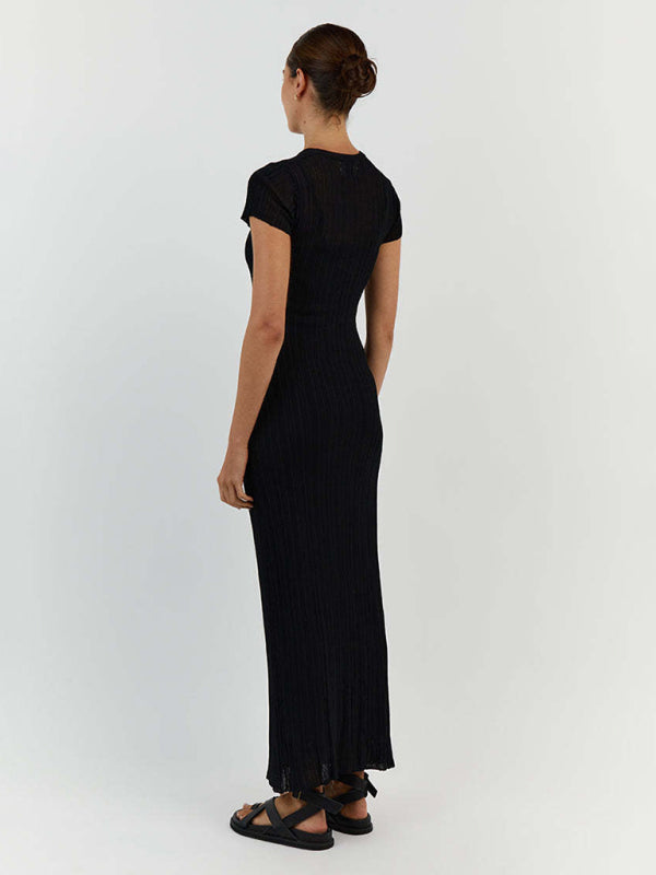 Neues, durchsichtiges, lässiges, tailliertes Damen-Strickkleid mit rundem Ausschnitt und großen Grubenstreifen