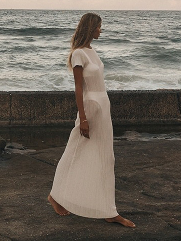 Neues, durchsichtiges, lässiges, tailliertes Damen-Strickkleid mit rundem Ausschnitt und großen Grubenstreifen