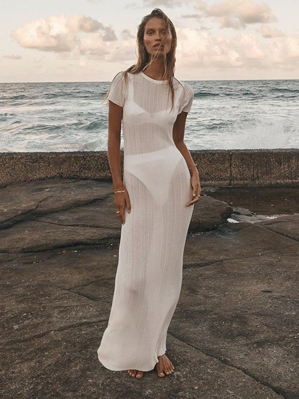 Neues, durchsichtiges, lässiges, tailliertes Damen-Strickkleid mit rundem Ausschnitt und großen Grubenstreifen