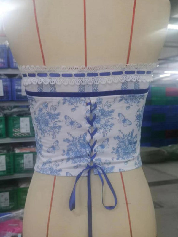 Sexy rückenfreies bauchfreies Top mit blauem und weißem Porzellan-Print für den Frühling für Damen