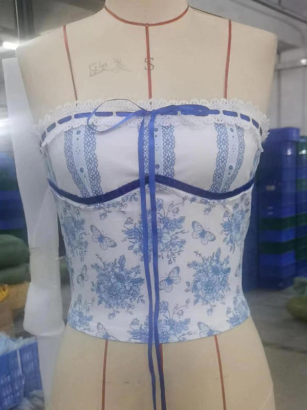 Sexy rückenfreies bauchfreies Top mit blauem und weißem Porzellan-Print für den Frühling für Damen