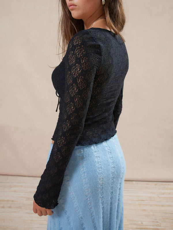 Side view of black lace slim fit shirt