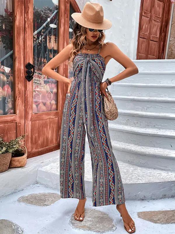 Bohemian lace-up jumpsuit with suspenders, styled with hat