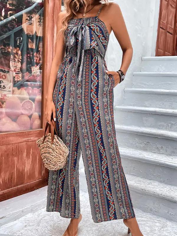 Bohemian lace-up jumpsuit with suspenders, front view