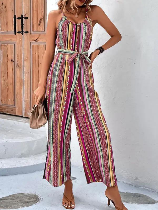 Striped bohemian jumpsuit with waist tie detail