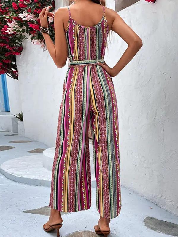 Back view of striped bohemian suspender jumpsuit