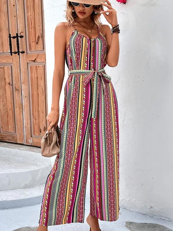 Elegant holiday bohemian jumpsuit with vibrant stripes