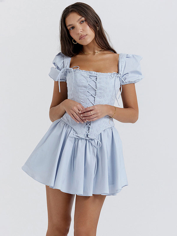 Zweiteiliges Kleid für Damen mit Puffärmeln, quadratischem Ausschnitt, Korsett und Prinzessinnenrock