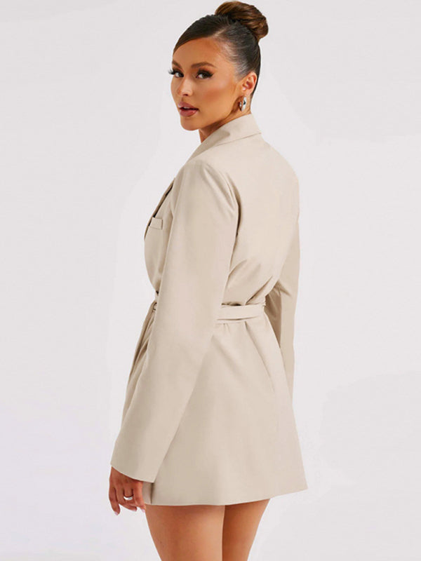 Elegant lapel waist tie mid-length suit dress