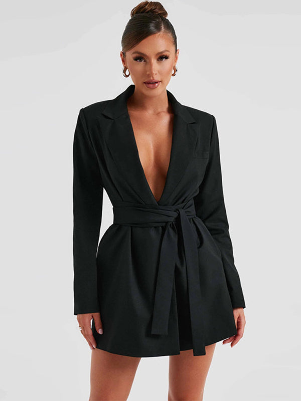 Elegant lapel waist tie mid-length suit dress