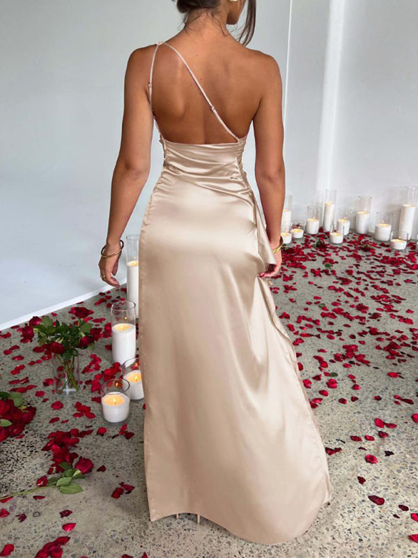 Damen-Partykleid aus Satin mit Schlitz und einer Schulter