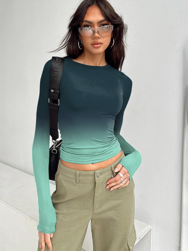 Digital printed gradient round neck long sleeve basic top