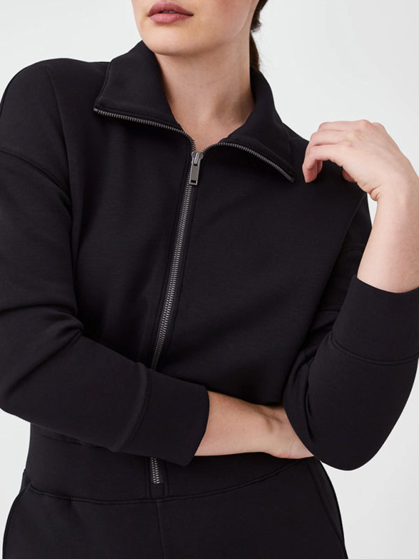 Close-up of black zipper lapel jumpsuit