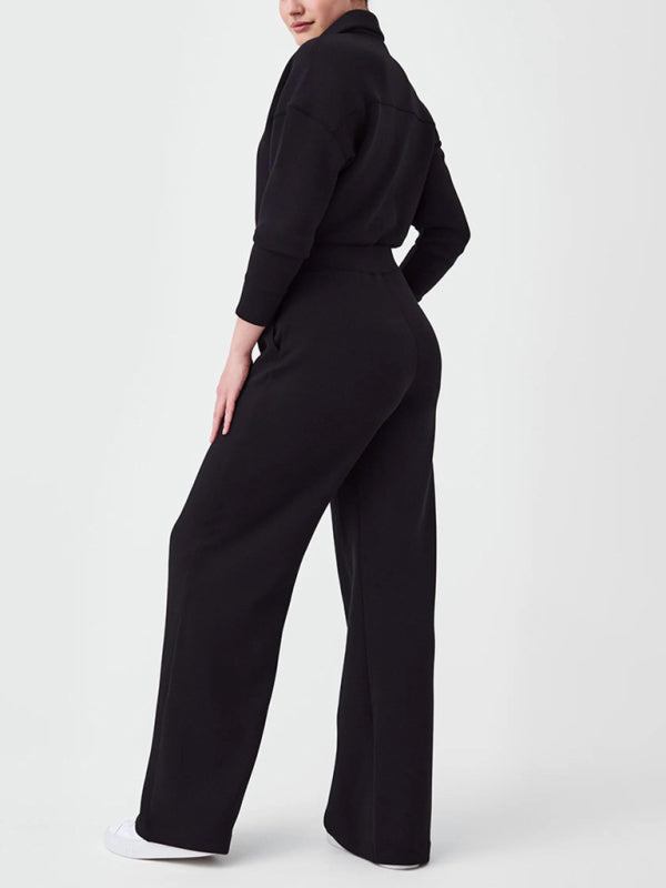 Side view of black wide leg jumpsuit