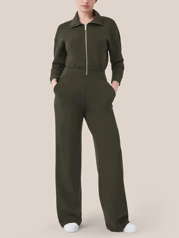 Olive green long sleeve zipper jumpsuit front