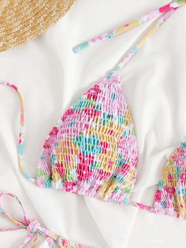 Femininer, bedruckter, dehnbarer, plissierter Zweiteiler-Bikini