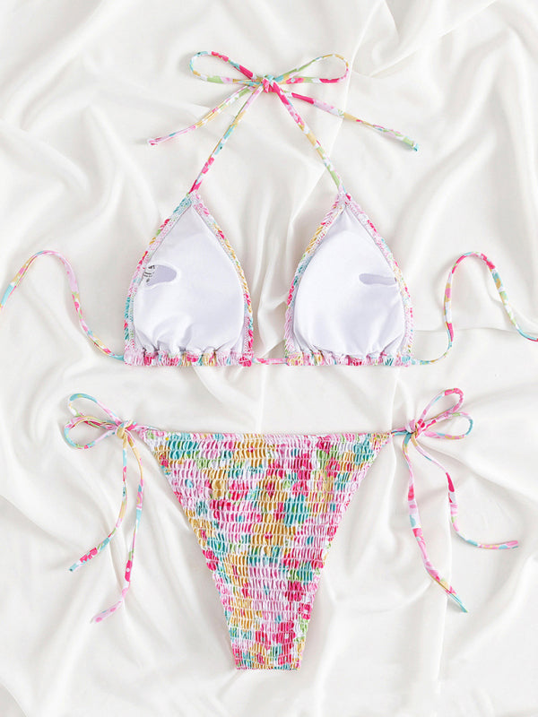Femininer, bedruckter, dehnbarer, plissierter Zweiteiler-Bikini