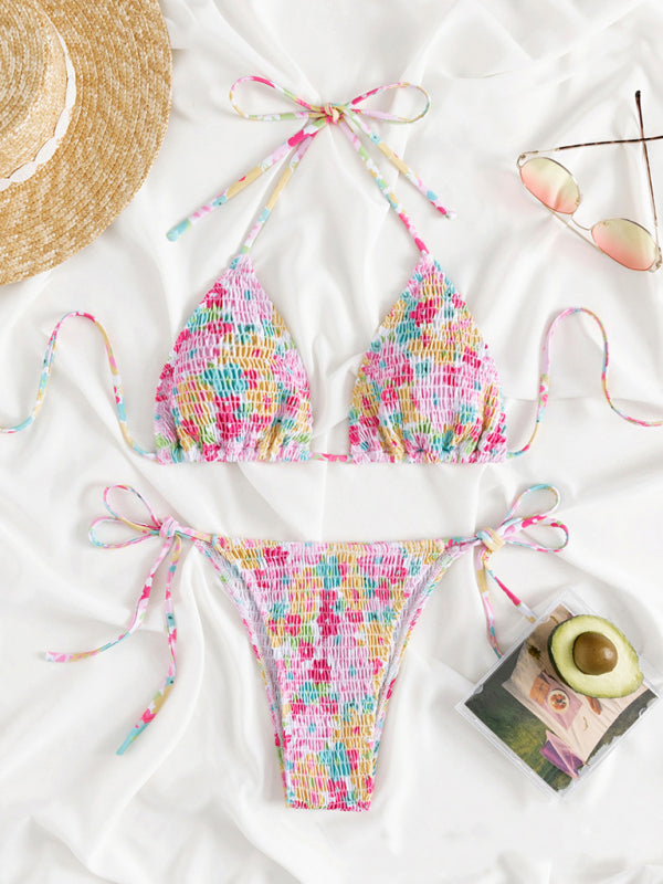 Femininer, bedruckter, dehnbarer, plissierter Zweiteiler-Bikini