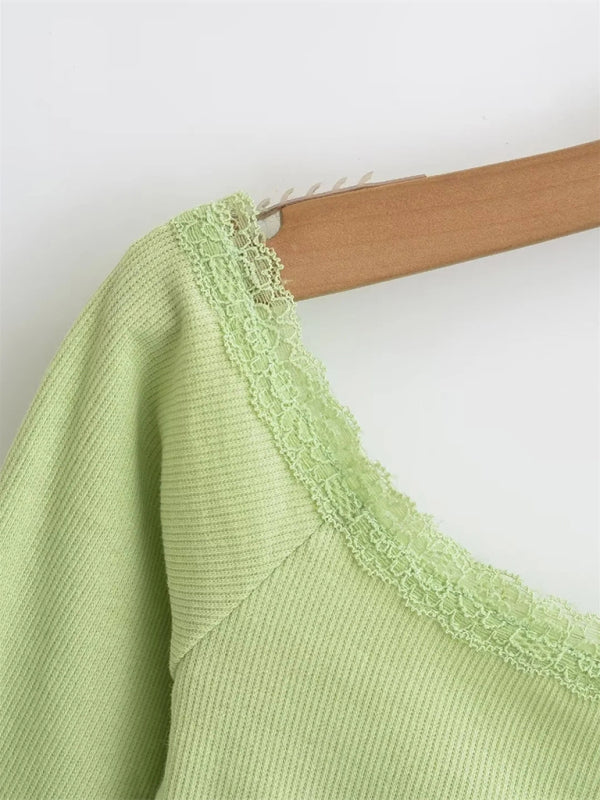 Damen Langarm T-Shirt mit U-Boot-Ausschnitt und Patchwork-Spitze