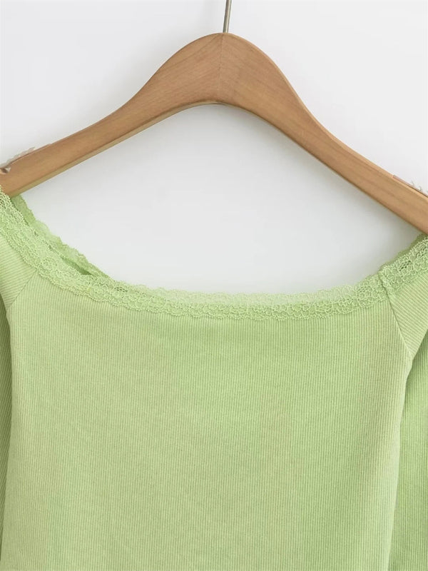 Damen Langarm T-Shirt mit U-Boot-Ausschnitt und Patchwork-Spitze