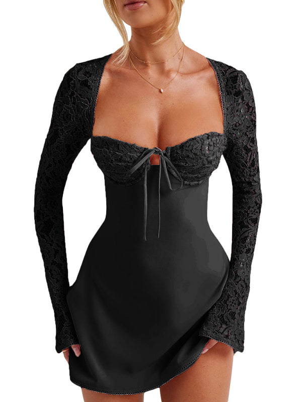 Damen Sexy Spitze Slim Fit rückenfreies französisches Langarmkleid