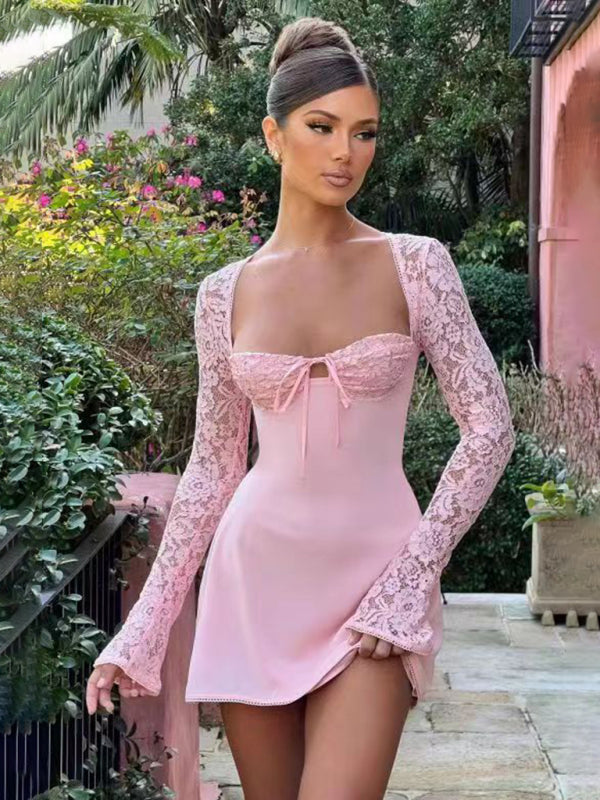 Damen Sexy Spitze Slim Fit rückenfreies französisches Langarmkleid