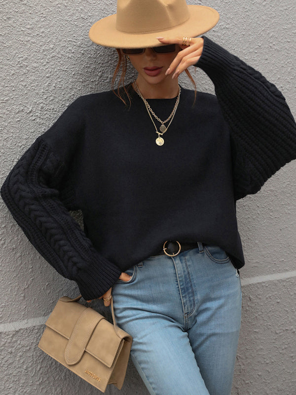 Black long sleeve thick knitted twist rope sweater
