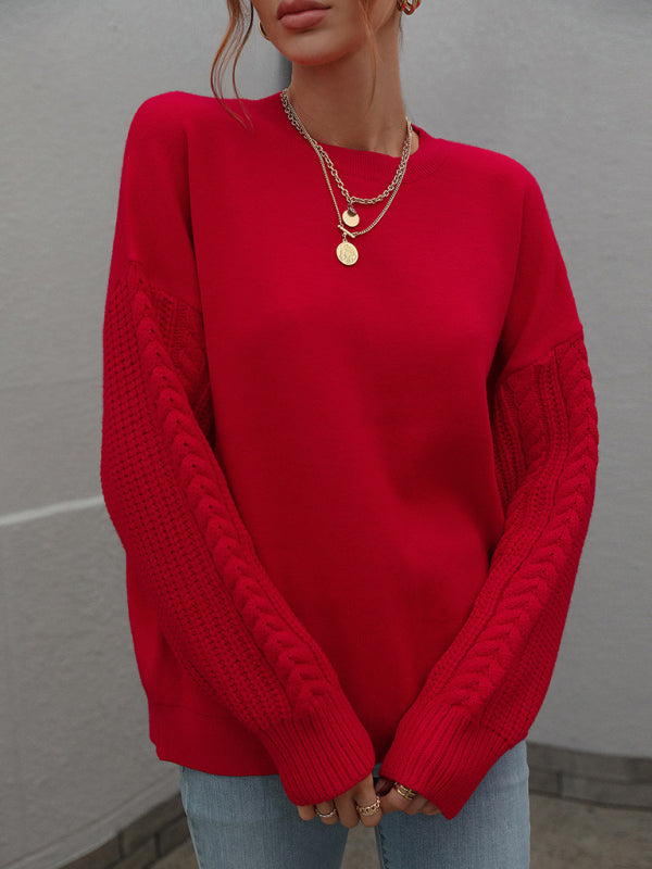 Red long sleeve thick knitted twist rope sweater