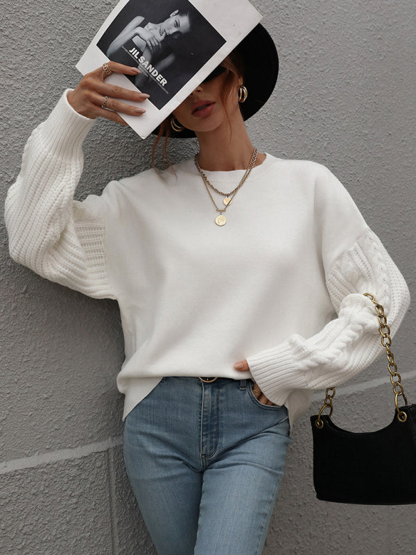 White long sleeve thick knitted twist rope sweater
