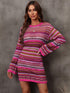 Pink striped long knitted dress with hollow patchwork
