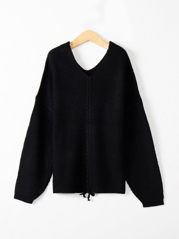 Black V-neck drawstring pullover sweater on hanger