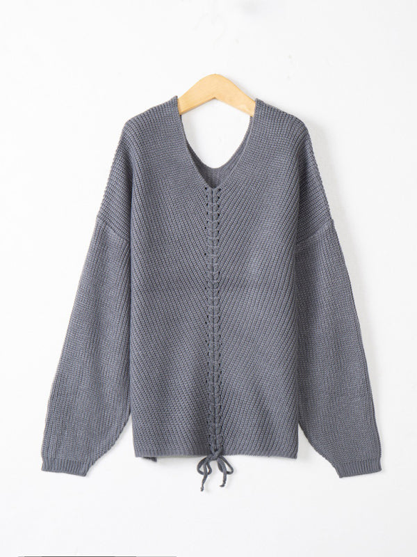 Gray V-neck drawstring pullover sweater on hanger