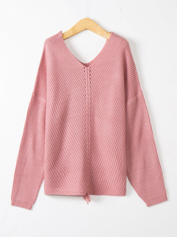 Pink loose V-neck drawstring pullover sweater on hanger